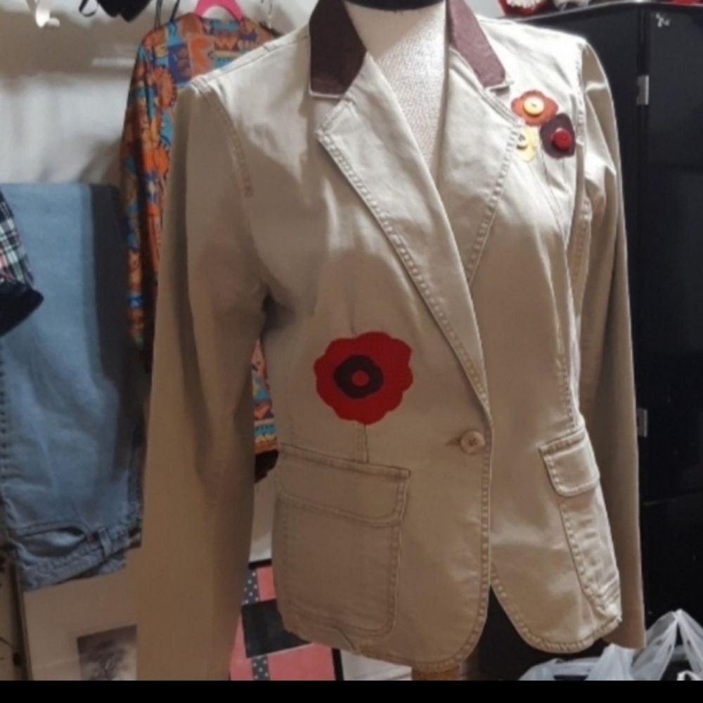 Womens Floral Patchwork Jacket Sz 12 Stretch Long Sleeve Faded Glory Tan Orange